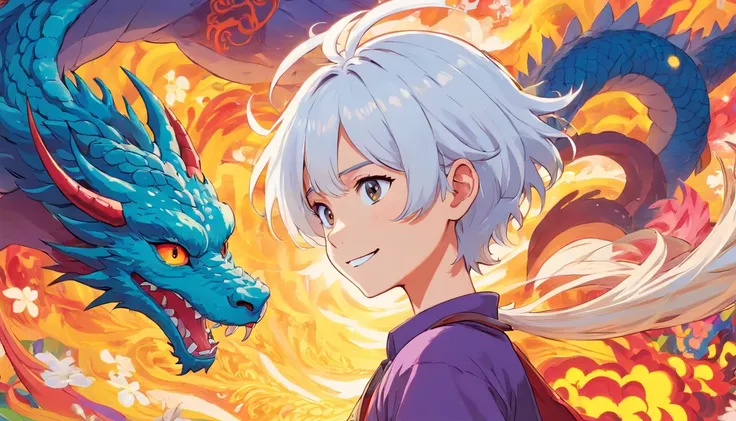 White-haired teenager with white eyes with psychedelic smile and tattoo of a dragon running from neck to forehead