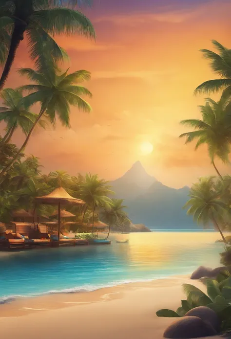 Tropical island scene，There is a sandy beach、Mare、Far Mountain、Skysky，Pomelo coconut trees on both sides，Fruit on the beach，The beach has common items such as sun umbrellas and swimming rings，There are several people skydiving in the sky，The main color is ...