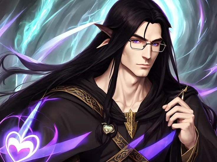 Man, 6’3, long black hair, loose hair, elf, high elf, mage, black robes, mage robes, purple magic, slim face, glasses, heart shaped face, pale skin, handsome, brown eyes, high elf, adult, thin but muscular