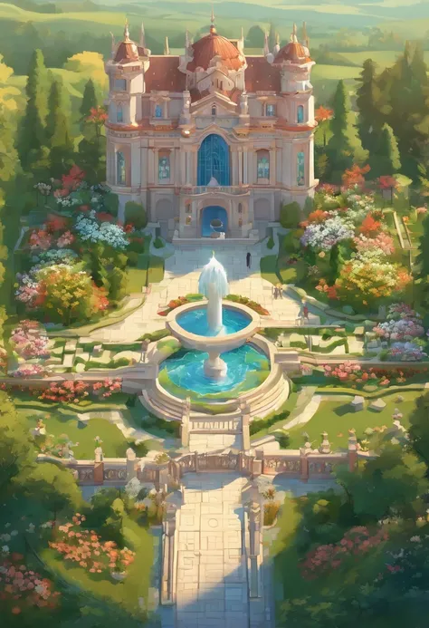 (best quality, masterpieces, detailed, new features), A majestic garden in the center of English style castle, elegance architecture with glowing effects and white fountain, vibrant flower field cover the area. Astonishing details that are intricately craf...