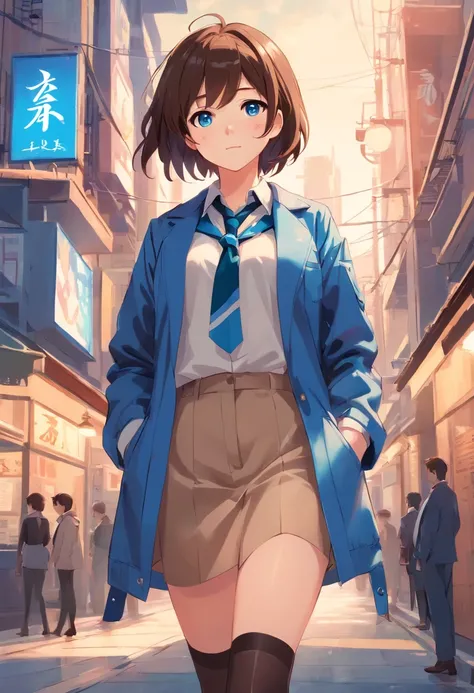 cute girly，Brown hair long，blue color eyes，blue jacket，Beige shirt，Blue strap，Black stockings，Business black leather shoes