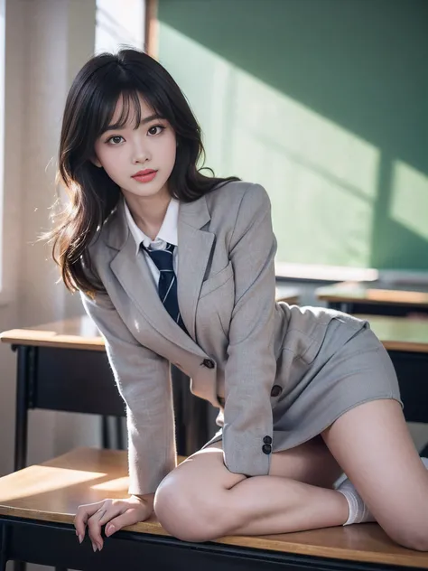 Anime, Realistic female anime style, (aegyo sal: 1), 18 years old girl, (grey blazer, tape, Foldable mini skirt, sox, Private School Uniforms: 1.2), Secondary Classroom, Beautiful details of the eye, (Eye size: 3/4) Facial light, ((fully body photo: 1.2)),...