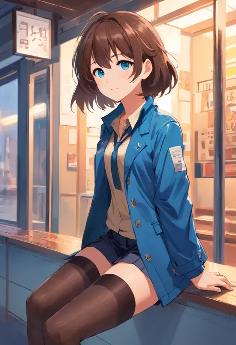 cute girly，Brown hair long，blue color eyes，blue jacket，Beige shirt，Blue strap，Black stockings，Business black leather shoes