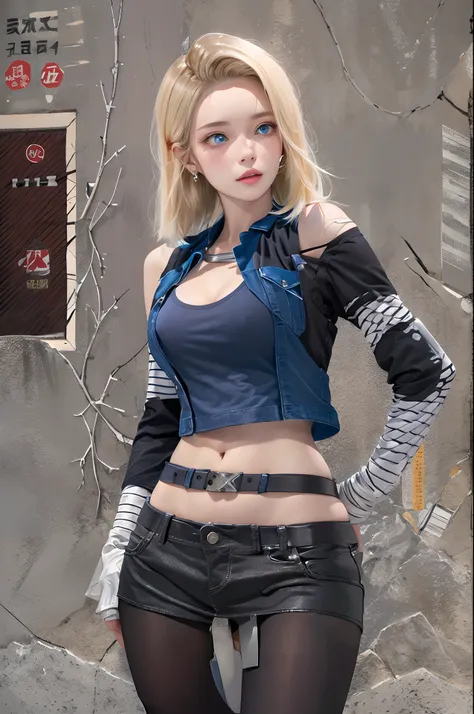 Best quality at best， A high resolution（1.5）， and 18， 1girll， Android 18， 独奏， blond hairbl， eBlue eyes， short detailed hair， 耳Nipple Ring， jewely， denim vest， Open vest， black pantyhoses， Black shirt， Denim skirt， Striped long sleeves， blue skirts， Large b...