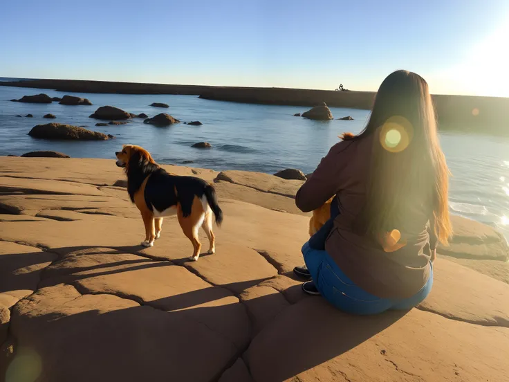 Theres a long black-haired woman sitting on a rock with a caramel dog, Olhando para o horizonte. Desenvolva esta arte em Full HD, Focus on your cinematic touch, Estilo Disney Pixar Animations