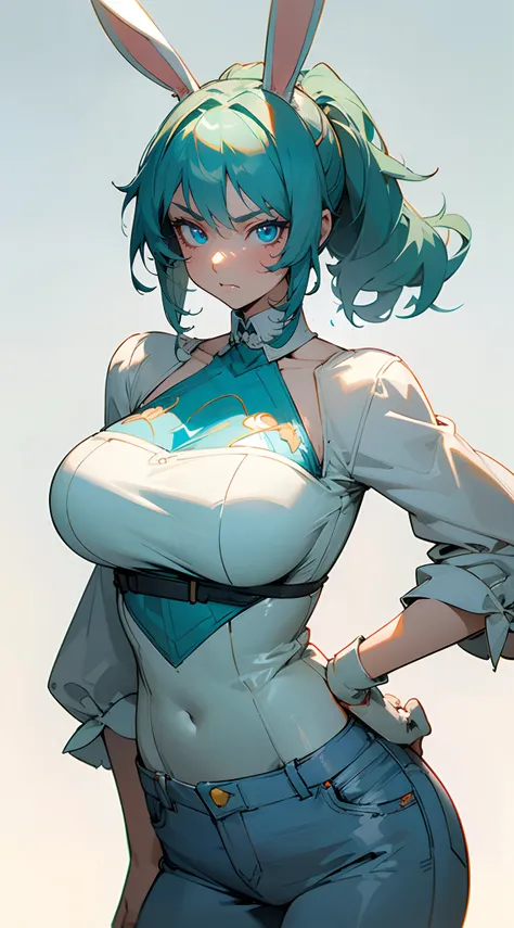 Beautiful woman , curly hair , teal hair , hair in a ponytail , blue eyes , pale skin , ((white bunny ears:1.2)), large breast, age 33, 

Standing with hands on hips , angry expression, dynamic shot , scene from an anime , Seinen anime . 

Wearing wearing ...