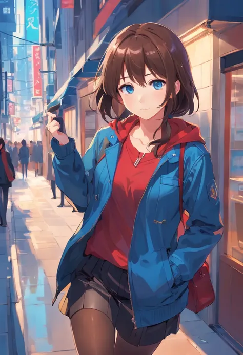 cute girly，Brown hair long，blue color eyes，blue jacket，red shirt, Black stockings，Business black leather shoes