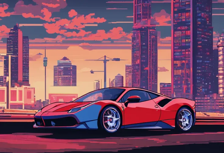 (best quality, 8k, master part :1.2), hyper realistic, Cyberpunk, em uma montanha, uma Ferrari 488 vermelha detalhada, Excesso de velocidade na rodovia, (facing the audience), The blue skyscraper in the background, at night,