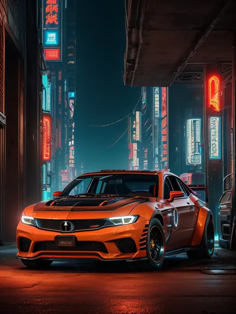((​masterpiece、top-quality、realisitic、ultra-detailliert、hight resolution、Photorealsitic、foco nítido、photographrealistic、Raw photography、lighting like a movie))、In the parking lot、((Futuristic Cyberpunk Hot Rod))、(With glowing tires)、Red rust color、3/4Front view