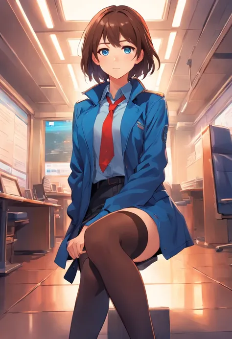 cute girly，Brown hair long，blue color eyes，blue jacket，red shirt, Black stockings，Business black leather shoes, sit