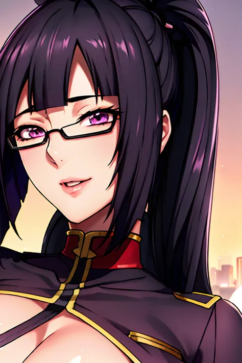 beautiful, (police uniform:0.5), city background, semi-rimless eyewear, black hair, very long hair, ponytail,bangs,purple eyes, ...