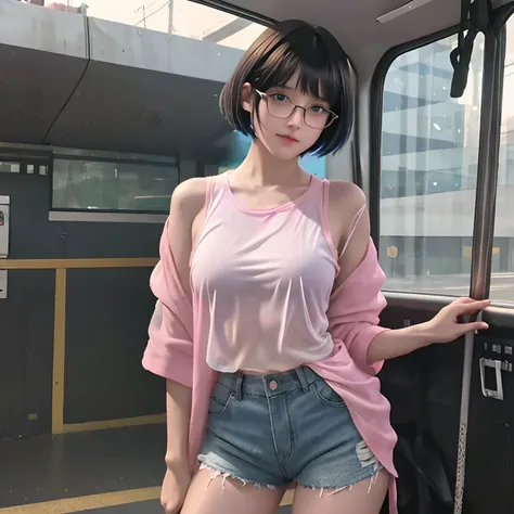 16 years old cute girl with black short bob hair and bangs, she is in eyeglasses, really transparent clothes, wet, sweating, no bra, flat breast, tits, erect  , erect tits, pink shorts, petite body, see-through, her skin bright, beautiful light blue eyes, ...