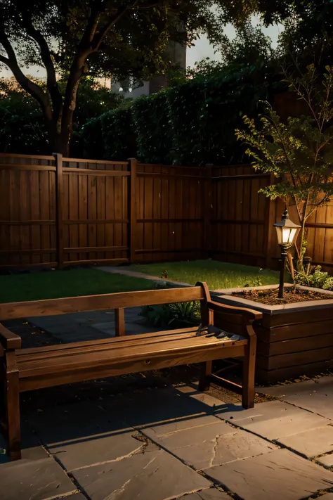 Colonial style square with wooden bench night lighting