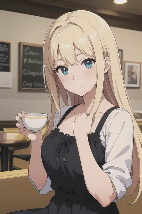 (1girl in),(beautiful eyes finely detailed, Face to detail, blonde hair, long hair), wearing summer style dress, enjoying a cup of tea at cafe, sitting on cafe, and shy facial expression, blush on her face, camera angle from front, looking at you, masterpi...