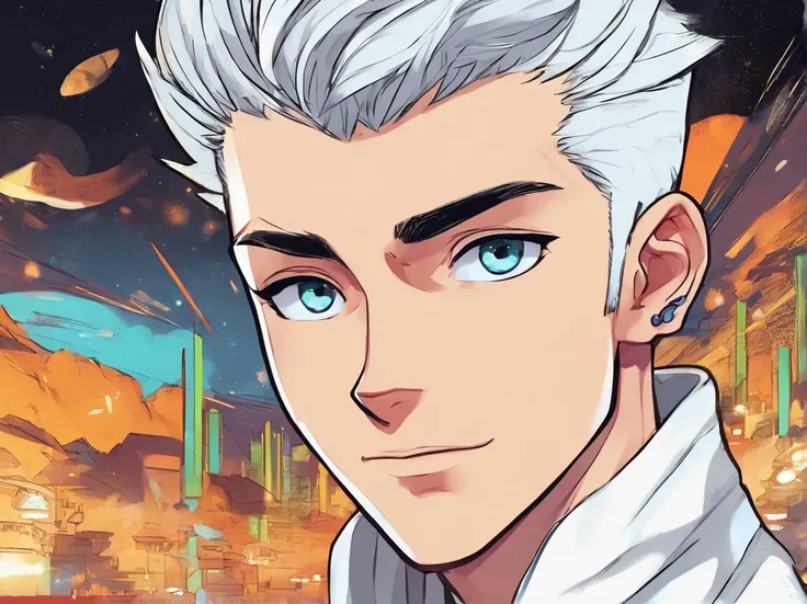 Teenage boy with a faint smile, Silver hair and galactic eyes, Wearing a white sweater、He wears gold earrings in his left ear.