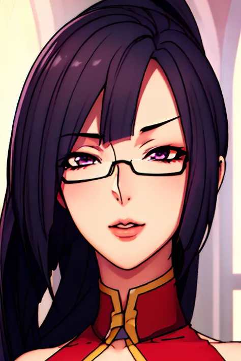 beautiful, (police uniform:0.5), church background, semi-rimless eyewear, black hair, very long hair, ponytail,bangs,purple eyes...