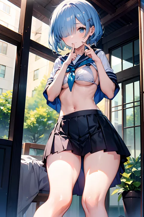 (​masterpiece、highly detailed 8k cg、sharp lines)、hi-school girl、blue hairs、cute little、serafuku、white underwear and skirt、skirt ...