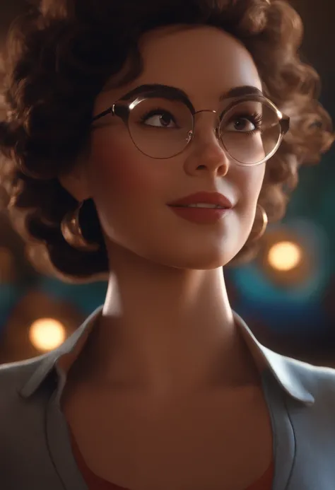 Pixar style image with 3D character white glasses brunette woman short curly hair dancing, Maquiagem Disney,Pescador, bonitinho, sorridente ,Close-up, Pixar, Disney, Cinema lighting,