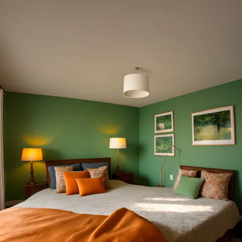 Padded-room walls curve to ceiling green and orange warm-lighting two lamps on a dresser