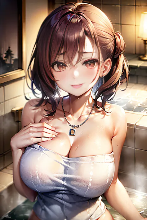 (((Shoulder deep immersion in your home unit bath:1.7))),(((flannel:1,7))),(((Hide your chest with a towel:1.7))),(((Night lighting:1.3))),breast slip,Blushing cheeks、shyly smile,bbw,(beautiful a girl)、(Short hair in shiny silver and orange inner colors,Fl...