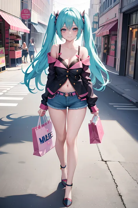 1girl,solo,standing,large breasts, cleavage, 
Denim Shorts, off shoulder colourful shirt, navel, lace-trimmed legwear, arms at sides, light smile, hatsune miku, full body veiw, in a modern City road, shopping bag in hand