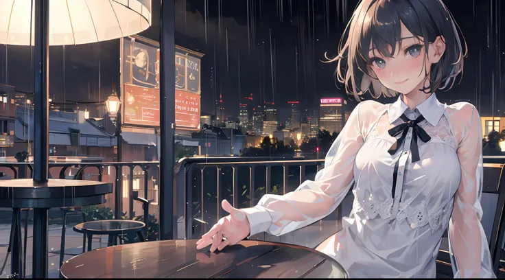 (8K, Best quality, Masterpiece:1.2), (Realistic, photo-realistic:1.37), Ultra-detailed,((( 1 girl))),Solo,Beautiful detailed sky,Detailed Cafe,Night,Sitting,dated,(nose blush),(Smile:1.15),(Closed mouth) Small breasts,Beautiful detailed eyes,(shirt:1.1), N...