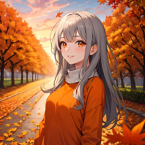 masterpiece, best quality, 1 girl, gray hair, orange eyes, smile, orange sweater, autumn, orange leaves, outdoors, orange sky