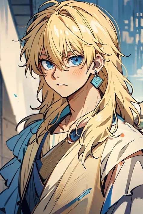 masterpiece, best quality, high quality, 1boy, solo, male focus, looking at viewer, upper body, zeno, blonde hair, blue eyes, long hair, hair between eyes, , earrings,