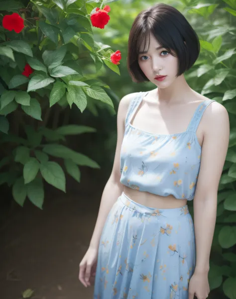 (long skirt:1.2),(blue flowers print:1.2),(yellow flowers print:1.2),(red flowers print:1.3),(birds print:1.2),(leaf print:1.2),1 girl,full body, (short hair:1.1), (realistic:1.7),((best quality)),absurdres,(ultra high res),(photorealistic:1.6),photorealis...