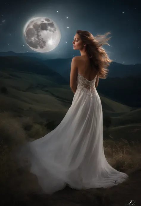 The Poetess in a long dress, dream like, long hair, 

She raised her fingers 
towards the moon as if to touch it, 
and watched them dance across its surface like silky plumes of smoke. 

She stood upon her toes, 
to reach her highest high, 
her body became...