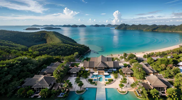 a hyper realistic photography of the an aerial view of the Mutiara Burau Bay Resort in Langkawi in Langkawi, no people, Nikon D850 DSLR 4k camera, 100mm lens, F 1.2 aperture setting, bright and natural lighting, vibrant, fun and relaxing atmosphere