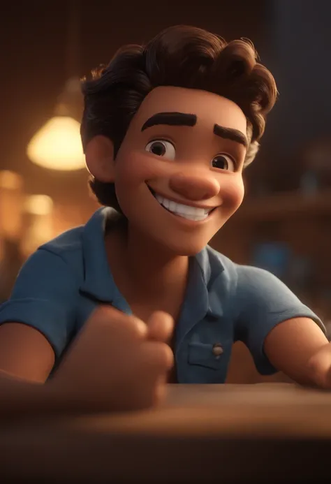 Garoto, estilo disney, tom de pele: claro:  Cabelo: marrom escuro, liso, curto, penteado para o lado direito. camisa: social, Cor azul. Fundo: Gray and white gradient,Comemorando, Hands raised, sorrindo, feliz, (estilo pixar) (obra-prima:1.2) (bokeh) (melh...