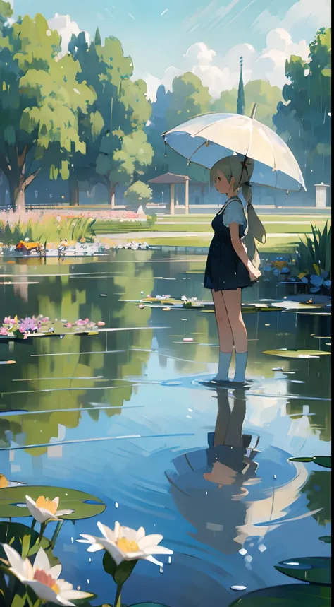 In Claude Monet style, Impressionism, 2 girls, white camisole, 14 years old, one girl is short silver hair,one girl is blond pony tail, pond, ((wet))