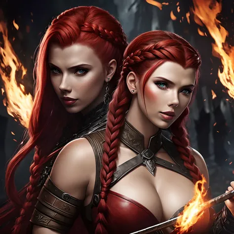 Berserker, barbarian woman(Scarlet Johansson),  Arte de Fantasia, of his gaze alone enemies beginning to panic, one head, devilish smile, besta do inferno, demonio, White Fire Sky, guerreira, com foice e escudo, Linda, Mulheres, Werelion, Long red braided ...