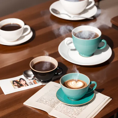 A beautifully set breakfast table with a steaming cup of artisanal coffee, surrounded by a stack of fashion magazines and stylish sunglasses to start the day with a chic vibe.