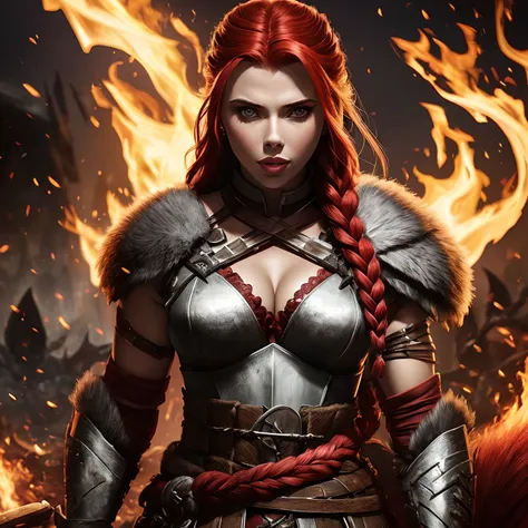 Berserker, barbarian woman(Scarlet Johansson),  Arte de Fantasia, of his gaze alone enemies beginning to panic, one head, devilish smile, besta do inferno, demonio, White Fire Sky, guerreira, com foice e escudo, Linda, Mulheres, Werelion, Long red braided ...