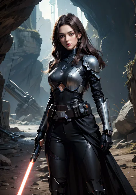 A beautiful woman with a lightsaber stands in a spacious cave. Dark brown hair. long hair.She wears a black metallic battle uniform. There is something on the waist that reminds me of Kamen Riders transformation belt. 8K image quality. A masterpiece.