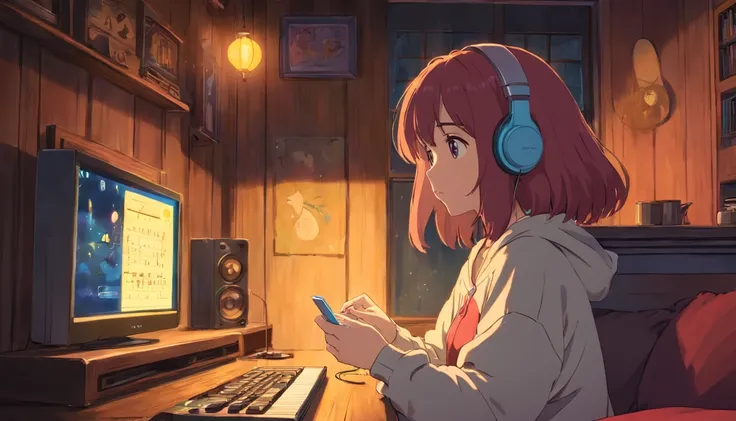 ( High Definition 2D Anime) Girl listening to music in a cozy room at night, usar fones de ouvido, Estilo anime 2D, lo fi, Hard disk, meio escuro, garota sexy.