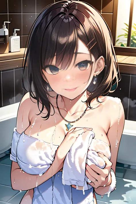 (((Shoulder deep immersion in your home unit bath:1.7))),(((flannel:1,7))),(((Hide your chest with a towel:1.7))),(((Night lighting:1.3))),breast slip,Blushing cheeks、shyly smile,bbw,(beautiful a girl)、(Short hair in shiny silver and orange inner colors,Fl...