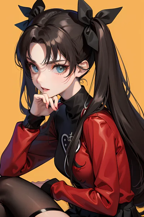 (masterpiece), best quality, expressive eyes, perfect face, 1girl, solo, rintohsaka, rin tohsaka, aqua eyes, black hair, hair ribbon, long hair, ribbon, sidelocks, two side up, black skirt, black thighhighs, long sleeves, miniskirt, pleated skirt, ((red sw...