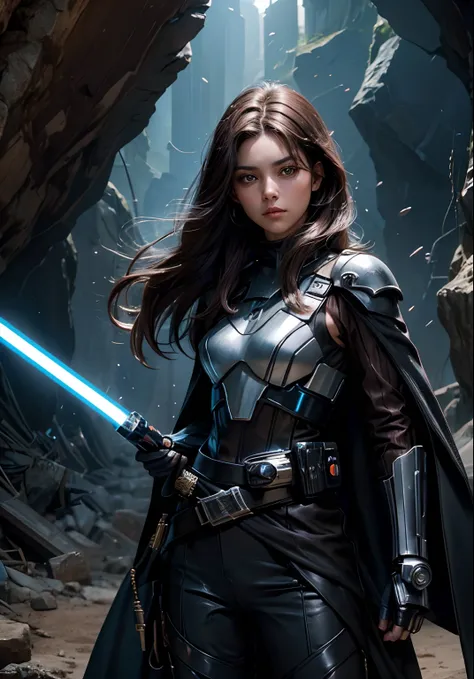 Upper body close-up image.A beautiful woman with a lightsaber stands in a spacious cave. Dark brown hair. long hair.She wears a black metallic battle uniform. There is something on the waist that reminds me of Kamen Riders transformation belt. 8K image qua...