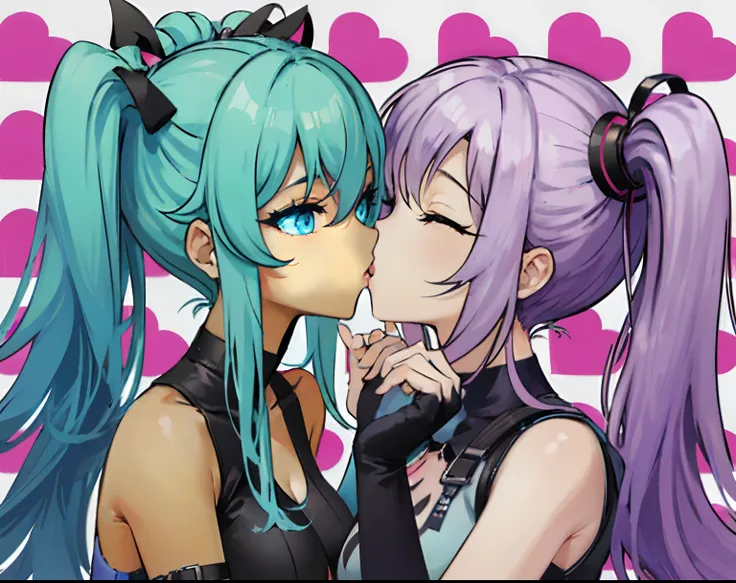 anime couple kissing in front of a heart - shaped background, lesbian kiss, kissing together cutely, mauve and cyan, lesbian embrace, lesbian art, cyan and magenta, kissing together, nixeu and sakimichan, kissing each other, official fanart, kda and sam ya...