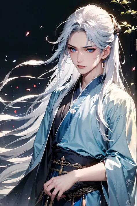 1boys, 独奏，（the night：1.2）long whitr hair, blue eyes, chinese clothes，hanfu，mont，waterfallr，florals，the tree，florals，dynamic shot...