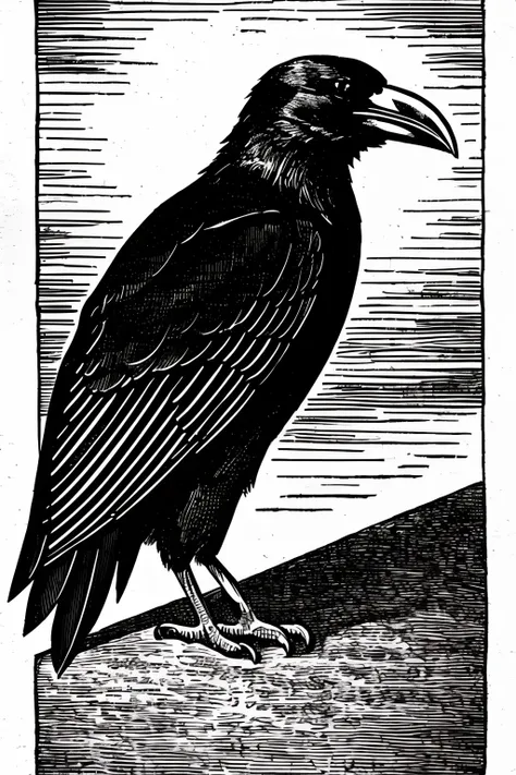 illustration of an evil crow, black and white, perfect illustration, engraving style, vintage style, perfect feet, no background...