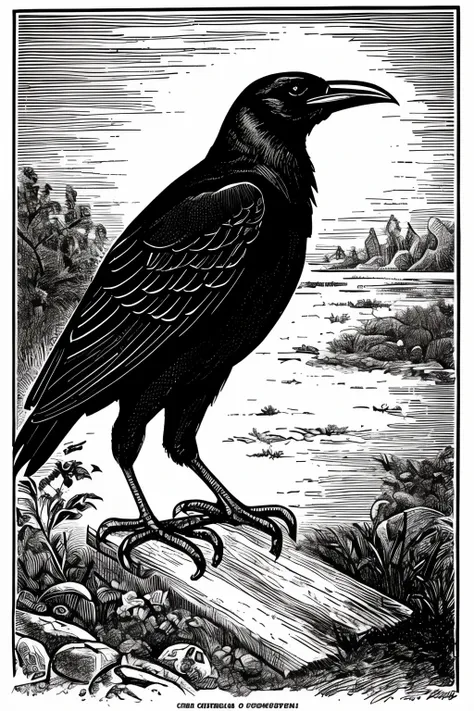 illustration of an evil crow, black and white, perfect illustration, engraving style, vintage style, perfect feet, no background...