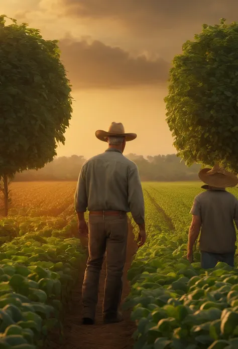 50-year-old farmer in the foreground and a soybean plantation in the background. Estilo 3D pixar., UHD, textured skin, 16k, high details