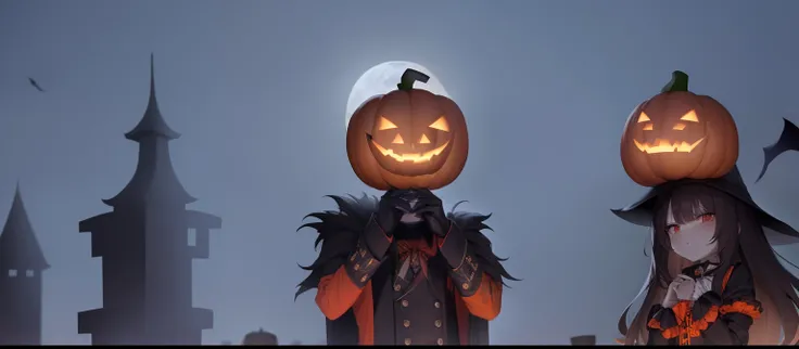 there are two people with pumpkin heads on their heads, pumpkin head, halloween night, holding a jack - o - lantern, halloween theme, in a halloween style, ingame image, white scary skin, holding pdw, with a big head, halloween celebration, trending on pxi...