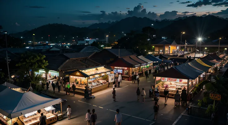 a hyper realistic photography of the an aerial view of Night Markets in Langkawi in Langkawi, no people, Nikon D850 DSLR 4k camera, 100mm lens, F 1.2 aperture setting, bright and natural lighting, vibrant, fun and relaxing atmosphere