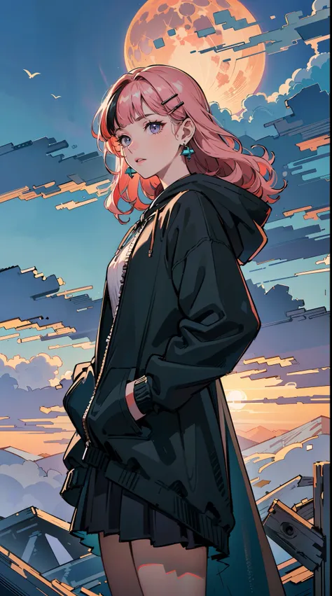 ((((frills,large black hoodie,))))((hands in pockets,))(Masterpiece illustration,Beautiful and aesthetic:1.2,head up,aim to sky), Best quality,Top quality, Epic quality,((((nature,on a hill,the top of the hill   ,outdoor,cloudy,))))(beautiful purple sunset...