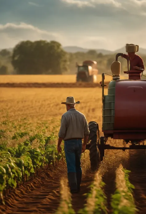 50-year-old farmer in the foreground and a soybean plantation in the background. Estilo 3D pixar, imagem aberta. UHD, textured skin, 16k, high details